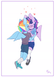 Size: 1378x1929 | Tagged: safe, artist:0ndshok, imported from derpibooru, rainbow dash, twilight sparkle, alicorn, anthro, plantigrade anthro, blushing, clothes, eyes closed, female, flying, heart, hug, lesbian, mare, midriff, nuzzling, shipping, short shirt, simple background, twidash, twilight sparkle (alicorn)