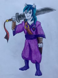 Size: 1706x2273 | Tagged: safe, artist:bozzerkazooers, imported from derpibooru, shining armor, equestria girls, alumnus shining armor, buster sword, clothes, giant sword, male, ninja, ponied up, solo, sword, traditional art, weapon