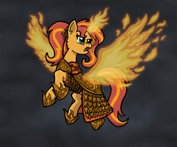 Size: 1200x998 | Tagged: safe, artist:sensko, imported from derpibooru, sunset shimmer, phoenix, pony, equestria girls, armor, beautiful, clothes, female, fiery shimmer, fire, open mouth, solo, wings