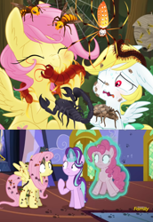 Size: 790x1150 | Tagged: safe, artist:equestria-prevails, edit, edited screencap, imported from derpibooru, screencap, angel bunny, fluttershy, pinkie pie, starlight glimmer, earth pony, hornet, insect, millipede, pegasus, pony, rat, scorpion, snake, spider, unicorn, every little thing she does, asian giant hornet, backstory, bug armor, comparison, creepy crawlies, creepy smile, do not want, ear fluff, eyes closed, fear, female, fiducia compellia, forest, frown, glowing horn, hilarious in hindsight, hypnosis, hypnotized, indoors, levitation, magic, mare, one eye closed, outdoors, ponified pony pets, raised hoof, smiling, standing, sweat, telekinesis, twilight's castle