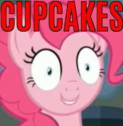 Size: 629x641 | Tagged: safe, edit, edited screencap, imported from derpibooru, screencap, pinkie pie, fanfic:cupcakes, every little thing she does, caption, female, fiducia compellia, food, horror, image macro, meme, mind control, pinkamena diane pie, reaction image, smiling, solo, text, this will end in cupcakes, thousand yard stare