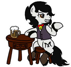 Size: 640x600 | Tagged: safe, artist:ficficponyfic, imported from derpibooru, oc, oc only, oc:double m, earth pony, pony, apple cider, bedroom eyes, bell, bell collar, boots, chair, clothes, collar, flirting, male, mug, one eye closed, sitting, smiling, solo, stallion, table, vest, wink