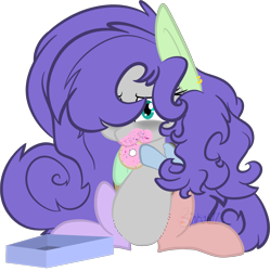 Size: 1923x1927 | Tagged: safe, artist:binkyt11, imported from derpibooru, oc, oc only, oc:penelope, pegasus, pony, bags under eyes, big hair, donut, ear piercing, earring, embarrassed, food, jewelry, nom, piercing, solo, stitches, watermark