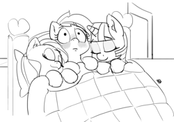 Size: 1280x903 | Tagged: safe, artist:pabbley, imported from derpibooru, fluttershy, rainbow dash, twilight sparkle, pegasus, pony, bed, bedroom, blanket, female, flutterdash, grayscale, lesbian, mare, monochrome, polyamory, rainbow dash gets all the mares, shipping, sleeping, twidash, twidashshy, twishy, what just happened, wide eyes