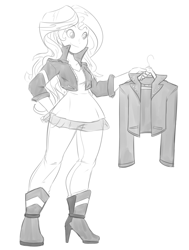 Size: 905x1200 | Tagged: dead source, safe, artist:reiduran, imported from derpibooru, sunset shimmer, equestria girls, friendship games, clothes, clothes hanger, female, grayscale, jacket, leather jacket, monochrome, sketch, solo, wide hips