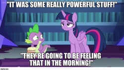 Size: 889x500 | Tagged: safe, edit, edited screencap, imported from derpibooru, screencap, spike, twilight sparkle, alicorn, dragon, pony, every little thing she does, caption, image macro, lidded eyes, meme, out of context, twilight sparkle (alicorn)