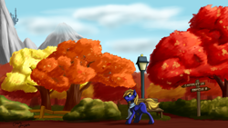 Size: 1920x1080 | Tagged: safe, artist:jinyaranda, imported from derpibooru, oc, oc only, oc:cloud quake, pegasus, pony, autumn, bench, blank flank, canterlot, chest fluff, cloudy, commission, fence, forest, lamppost, male, mountain, park, raised leg, scarf, scenery, solo, stallion, tree