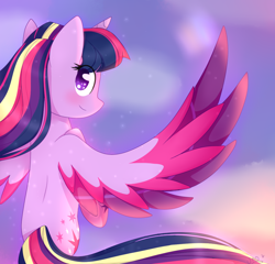 Size: 1000x960 | Tagged: dead source, safe, artist:ultrard, imported from derpibooru, twilight sparkle, alicorn, pony, cloud, colored pupils, cute, female, flying, heart eyes, looking at you, rainbow power, sky, solo, spread wings, twiabetes, twilight sparkle (alicorn), wingding eyes, wings