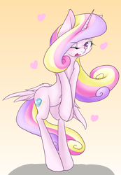 Size: 1728x2500 | Tagged: safe, artist:azurepicker, imported from derpibooru, princess cadance, pony, belly, belly button, bipedal, butt wings, female, gradient background, heart, one eye closed, solo, wink