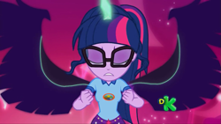 Size: 1279x719 | Tagged: safe, imported from derpibooru, screencap, sci-twi, twilight sparkle, equestria girls, legend of everfree, breasts, discovery kids, female, glasses, midnight sparkle, ponytail, solo, spread wings