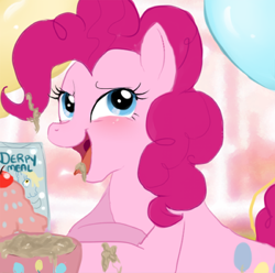 Size: 400x396 | Tagged: safe, artist:pinkamina-diane-pie, imported from derpibooru, pinkie pie, artifact, balloon, bowl, female, food, oatmeal, oats, solo, tongue out