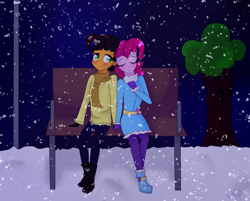 Size: 1487x1193 | Tagged: dead source, safe, artist:ultrard, imported from derpibooru, cheese sandwich, pinkie pie, equestria girls, bench, cheesepie, colored pupils, duo, equestria girls-ified, male, shipping, snow, snowfall, straight, winter