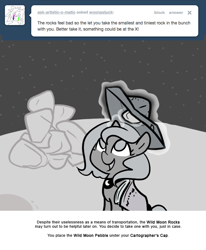 Size: 666x809 | Tagged: safe, artist:egophiliac, imported from derpibooru, princess luna, moonstuck, cartographer's cap, female, filly, hat, magic, monochrome, moon, moon rock, solo, woona, younger