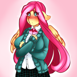 Size: 1024x1024 | Tagged: safe, artist:tolsticot, imported from derpibooru, fluttershy, anthro, arm under breasts, big breasts, blushing, breasts, busty fluttershy, clothes, colored sketch, crying, female, school uniform, solo