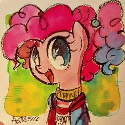 Size: 1080x1080 | Tagged: safe, artist:agnesgarbowska, imported from derpibooru, pinkie pie, alternate hairstyle, clothes, collar, female, harley quinn, solo, suicide squad, traditional art, watercolor painting