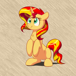 Size: 1280x1280 | Tagged: safe, artist:acersiii, imported from derpibooru, sunset shimmer, pony, unicorn, begging, colored pupils, cute, female, hooves to the chest, looking up, mare, shimmerbetes, sitting, smiling, solo, stray strand