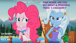 Size: 1138x646 | Tagged: safe, edit, edited screencap, imported from derpibooru, screencap, pinkie pie, trixie, equestria girls, legend of everfree, discovery kids