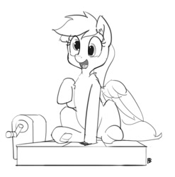 Size: 1280x1293 | Tagged: safe, artist:pabbley, imported from derpibooru, derpy hooves, pegasus, pony, viva las pegasus, dance dance revolution, dialogue, female, mare, monochrome, open mouth, rhythm game, smiling, solo