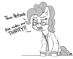 Size: 1280x1037 | Tagged: safe, artist:pabbley, imported from derpibooru, pinkie pie, clothes, dialogue, female, george costanza, glasses, jacket, monochrome, parody, seinfeld, solo