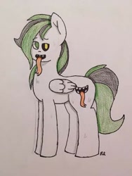 Size: 384x512 | Tagged: safe, artist:kryptorthekreator, imported from derpibooru, oc, oc only, oc:ataxia izumishi, pegasus, pony, fangs, long tongue, sly, solo, tongue out, traditional art