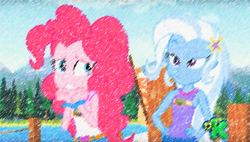 Size: 550x312 | Tagged: safe, edit, edited screencap, imported from derpibooru, screencap, pinkie pie, trixie, equestria girls, legend of everfree, discovery kids