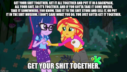 Size: 880x500 | Tagged: safe, edit, edited screencap, imported from derpibooru, screencap, sci-twi, sunset shimmer, twilight sparkle, equestria girls, legend of everfree, discovery kids, meme, rick and morty, vulgar