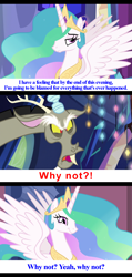 Size: 960x2010 | Tagged: safe, edit, edited screencap, imported from derpibooru, screencap, discord, princess celestia, dungeons and discords, no second prances, the return of harmony, caption, donald trump, hillary clinton, politics, politics in the comments, quote, text, twilight's castle