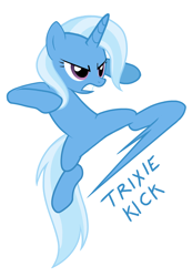 Size: 692x1000 | Tagged: safe, artist:php58, artist:ponykillerx, deleted from derpibooru, imported from derpibooru, trixie, pony, unicorn, cropped, female, kick, mare, simple background, solo, text, white background