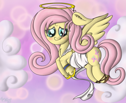 Size: 2151x1776 | Tagged: safe, artist:zsparkonequus, imported from derpibooru, fluttershy, angel, blushing, clothes, cute, female, fluttershy the angel, flying, heaven, looking down, shy, shyabetes, smiling, solo