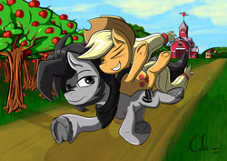 Size: 3507x2480 | Tagged: safe, artist:calena, imported from derpibooru, applejack, oc, oc:coldbrewcoffee, barn, canon x oc, shipping, sweet apple acres