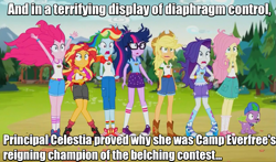 Size: 1021x600 | Tagged: safe, edit, edited screencap, imported from derpibooru, screencap, applejack, fluttershy, pinkie pie, rainbow dash, rarity, sci-twi, spike, spike the regular dog, sunset shimmer, twilight sparkle, dog, equestria girls, legend of everfree, clothes, converse, humane five, humane seven, humane six, image macro, implied princess celestia, implied principal celestia, legend of everfree post-credits, mane seven, mane six, meme, messy hair, shocked, shoes, sneakers