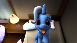 Size: 1280x720 | Tagged: safe, artist:doppelboner, imported from derpibooru, trixie, pony, unicorn, 3d, bed, bedroom, explicit source, female, looking at you, mare, open mouth, pet, raised hoof, solo, source filmmaker, tongue out