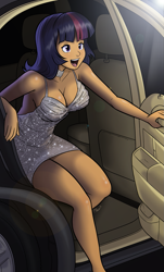 Size: 919x1519 | Tagged: safe, artist:megasweet, deleted from derpibooru, imported from derpibooru, twilight sparkle, human, banned from derpibooru, breasts, busty twilight sparkle, car, choker, cleavage, clothes, dress, female, humanized, open mouth, open smile, open-back dress, sexy, smiling, solo, stupid sexy twilight