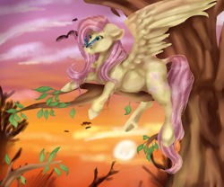 Size: 3000x2500 | Tagged: safe, artist:irissbliss, imported from derpibooru, fluttershy, butterfly, female, floppy ears, hoers, insect on nose, solo, spread wings, sunset, tree