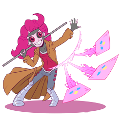 Size: 1280x1280 | Tagged: safe, artist:alonelyplacetodraw, artist:raph13th, imported from derpibooru, pinkie pie, human, equestria girls, legend of everfree, badass, black sclera, clothes, crossover, female, fingerless gloves, gambit, gloves, imminent explosion, red eyes, solo, x-men