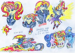 Size: 3448x2427 | Tagged: safe, artist:grimmyweirdy, imported from derpibooru, starlight glimmer, sunset shimmer, trixie, pony, equestria girls, badass, clothes, daydream shimmer, fingerless gloves, fire, floating, gloves, leather jacket, motorcycle, sunglasses, traditional art, trail