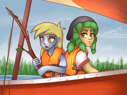 Size: 1600x1200 | Tagged: safe, artist:gabbslines, imported from derpibooru, derpy hooves, sandalwood, equestria girls, legend of everfree, boat, clothes, duo, fishing, fishing rod, lifejacket, rope, scene interpretation, signature, stick