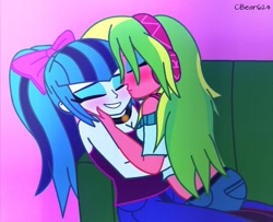 Size: 1472x1196 | Tagged: safe, artist:cbear624, imported from derpibooru, lemon zest, sonata dusk, equestria girls, blushing, breasts, cheek kiss, cleavage, clothes, eyes closed, female, kiss on the cheek, kissing, lemonata, lesbian, midriff, shipping, short shirt