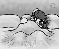 Size: 800x658 | Tagged: safe, artist:nimaru, imported from derpibooru, oc, oc only, oc:winter willow, pony, bed, belly, big belly, blanket, female, looking at you, mare, monochrome, pregnant, solo