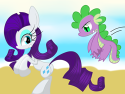 Size: 1600x1200 | Tagged: safe, artist:lovehtf421, imported from derpibooru, rarity, spike, beach, butt, male, plot, shipping, sparity, straight