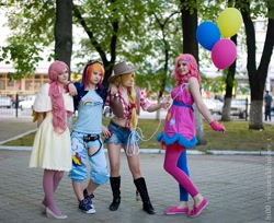 Size: 900x734 | Tagged: artist needed, safe, artist:chiffafoxy, artist:satella, artist:shu, imported from derpibooru, applejack, fluttershy, pinkie pie, rainbow dash, human, balloon, belly button, clothes, converse, cosplay, costume, irl, irl human, photo, rope, shoes