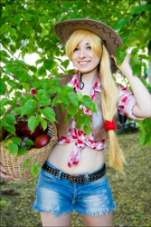Size: 682x1024 | Tagged: safe, artist:chiffafoxy, imported from derpibooru, applejack, human, apple, basket, belly button, clothes, cosplay, costume, daisy dukes, food, front knot midriff, irl, irl human, midriff, photo, shorts, smiling, solo