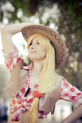 Size: 600x900 | Tagged: safe, artist:chiffafoxy, imported from derpibooru, applejack, human, clothes, cosplay, costume, front knot midriff, irl, irl human, midriff, photo, solo