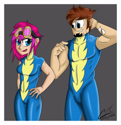 Size: 2900x3000 | Tagged: safe, artist:cmpony, imported from derpibooru, oc, oc only, oc:cm, oc:neon flare, human, clothes, couple, goggles, humanized, humanized oc, male, skinny, skintight clothes, wonderbolts uniform