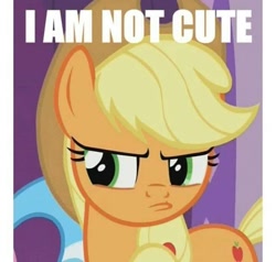 Size: 720x684 | Tagged: safe, edit, edited screencap, imported from derpibooru, screencap, applejack, blatant lies, cute, female, i'm not cute, image macro, meme, solo