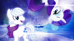 Size: 1920x1080 | Tagged: safe, artist:dashiesparkle, artist:pwnagespartan, artist:sxakalo, imported from derpibooru, double diamond, rarity, earth pony, pony, unicorn, clothes, crack shipping, diamond duo, duo, lidded eyes, male, scarf, shipping, snow, song reference, stars, straight, thepianoguys, vector, wallpaper, when stars & salt collide
