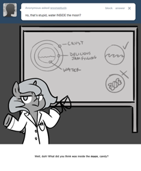 Size: 666x809 | Tagged: safe, artist:egophiliac, imported from derpibooru, princess luna, pony, moonstuck, bipedal, chalkboard, clothes, female, filly, glasses, glasses off, grayscale, lab coat, monochrome, science woona, shrug, solo, tumblr, woona, younger