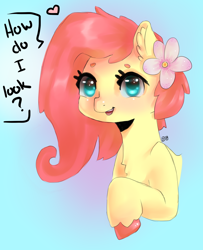 Size: 1300x1600 | Tagged: safe, artist:juxtaposefire, imported from derpibooru, fluttershy, alternate hairstyle, bust, colored hooves, colored pupils, female, flower, flower in hair, gradient background, open mouth, raised hoof, solo, speech bubble, talking to viewer