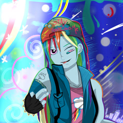 Size: 1800x1800 | Tagged: safe, artist:helgabuttercup, imported from derpibooru, rainbow dash, equestria girls, bandaid, bracelet, cap, clothes, female, fingerless gloves, gloves, hat, jewelry, solo, spiked wristband, vest