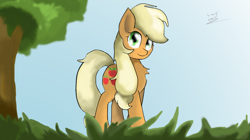 Size: 1024x575 | Tagged: safe, artist:enviaart, artist:envygirl95, imported from derpibooru, applejack, female, grass, smiling, solo, tree